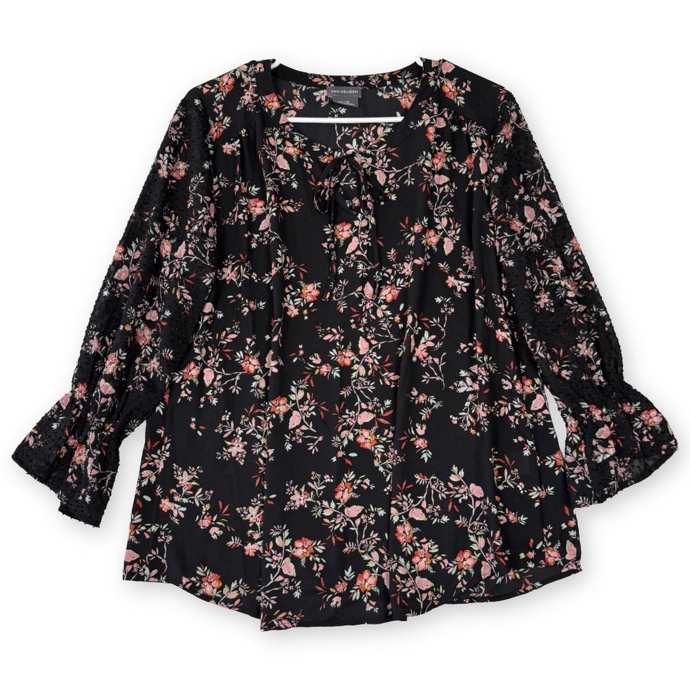 Van Heusen Womens Floral Blouse Black Pink Clip Dot Sheer Long Sleeve Top Large